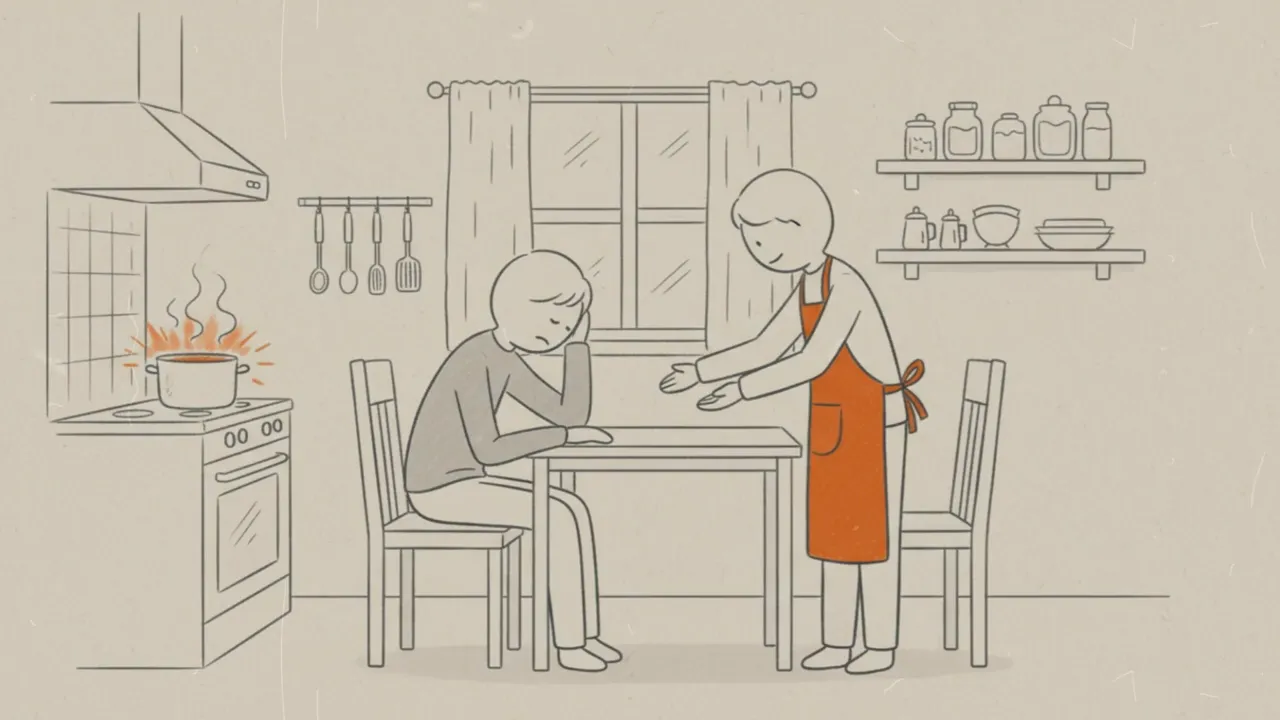 Strichzeichnungs-Illustration: Eine Person mit Schürze reicht einer am Tisch sitzenden Person fürsorglich etwas, im Hintergrund kocht ein Topf auf dem Herd.