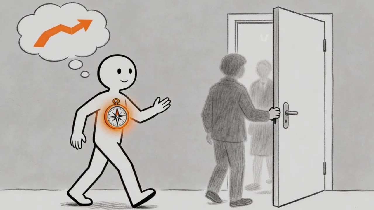 Strichmännchen mit Kompass in der Brust geht an einer geöffneten Tür vorbei, eine andere Person geht hindurch