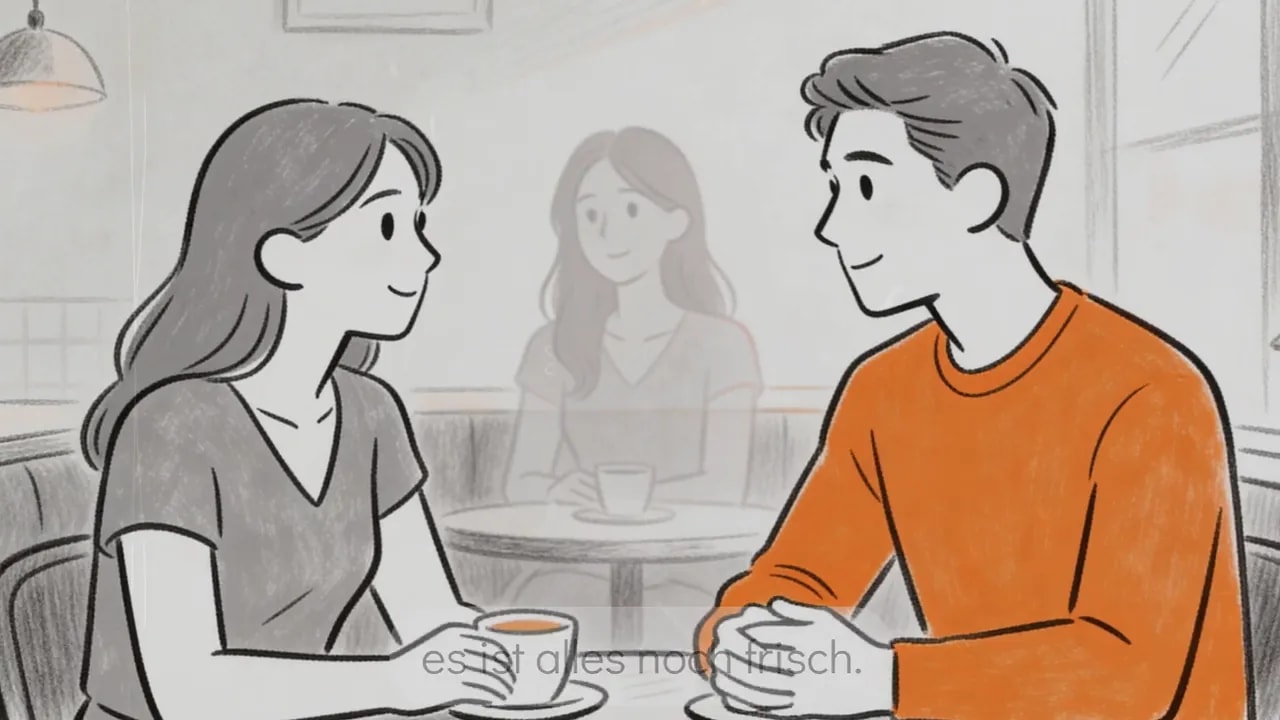 Illustration: Mann und Frau im Café im Gespräch, im Hintergrund sitzt eine dritte Frau