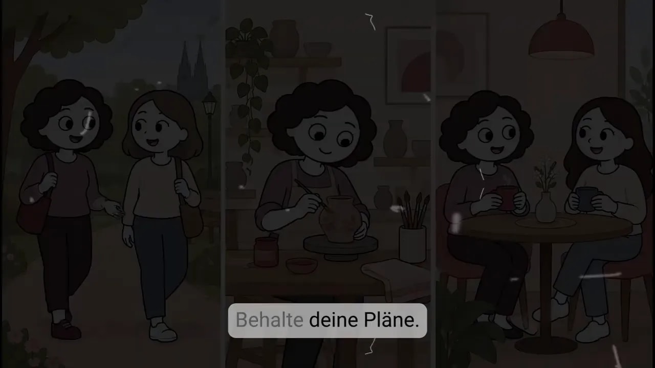 Dreiteilige Illustration mit Spaziergang, Töpfern und zwei Frauen am Tisch